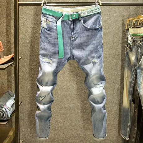 九分破洞补丁牛仔裤男款哈伦宽松小脚裤潮牌水洗磨白弹力9分裤子商品大图