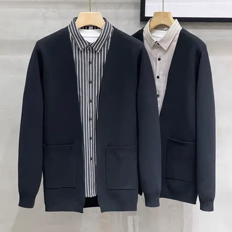 男士假两件针织衫开衫外套商务高端修身男装条纹衬衫领毛衣男秋冬商品大图