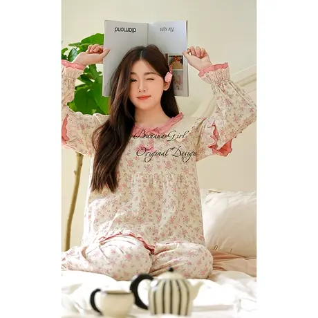 Bananagirl【抑菌】睡衣女款春秋新碎花蕾丝圆领长袖可外穿家居服商品大图