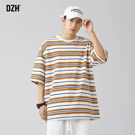 男生圆领条纹t恤男夏季短袖宽松五分袖美式高街上衣2023新款体恤商品大图