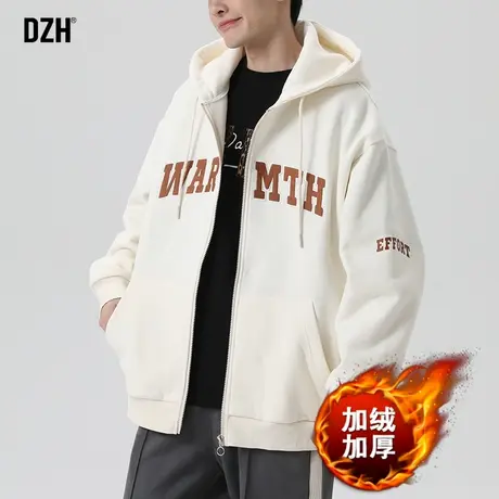 男士连帽开衫卫衣男冬季加绒加厚休闲上衣2023新款潮牌冬装帽衫衣商品大图