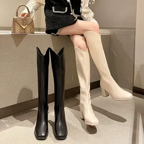 白色不过膝长筒靴女春秋V口显瘦高筒粗跟高跟长靴英伦风骑士靴子图片