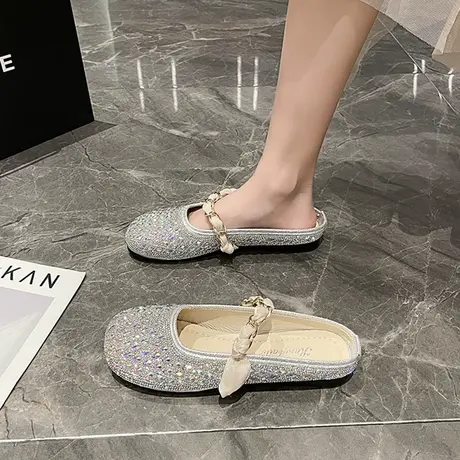 时尚水钻包头半凉拖鞋女夏季外穿2024年新款软底懒人一脚蹬穆勒鞋商品大图