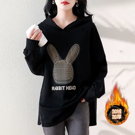 妈妈连帽卫衣女秋冬宽松加大码女中长款休闲加绒加厚遮肚显瘦上衣商品大图