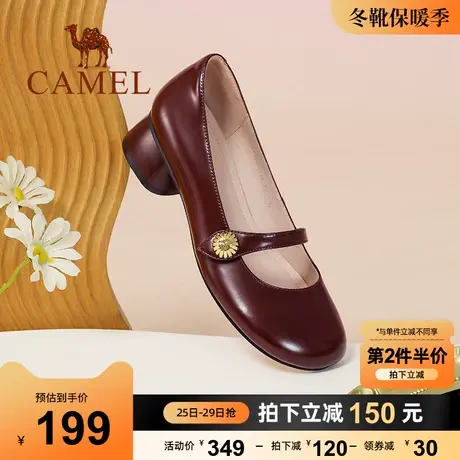 骆驼女鞋2023春季新款英伦风小皮鞋女复古玛丽珍鞋粗跟真皮单鞋女图片