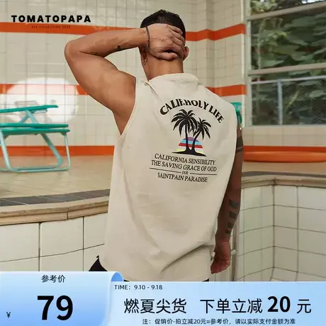 TOMATOPAPA夏季原创新款夏威夷坎肩字母背心男运动健身无袖T恤潮商品大图