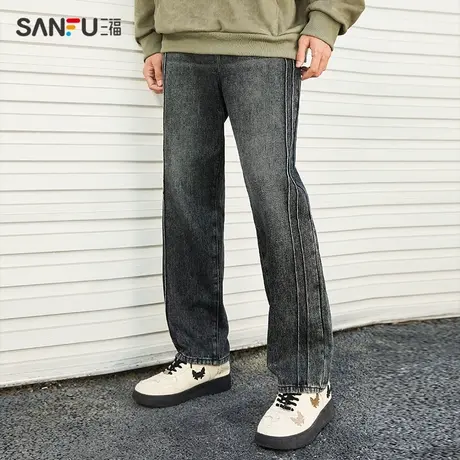 直播秒杀三福2023秋季新款牛仔裤男侧边分割宽松时尚休闲直筒百搭商品大图