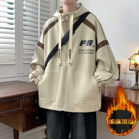 冬季港风夹克男生潮牌加绒棉衣拼接棒球服青少年外套运动开衫卫衣图片