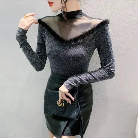 春装2024新款T恤女网纱拼接毛绒气质百塔减龄上衣修身长袖打底衫商品大图