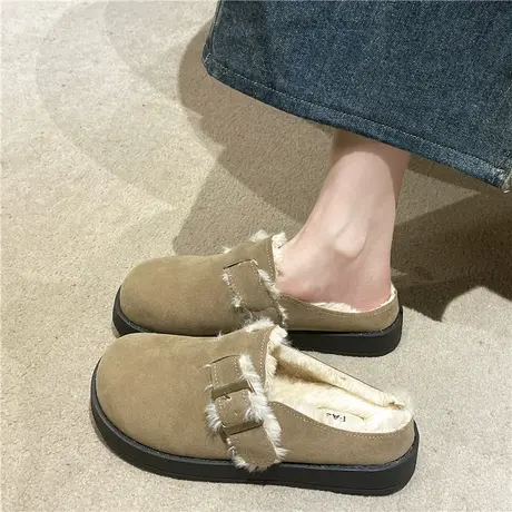 勃肯鞋女加绒毛毛鞋2024新款秋冬厚底复古日系博肯包头半拖鞋棉拖图片