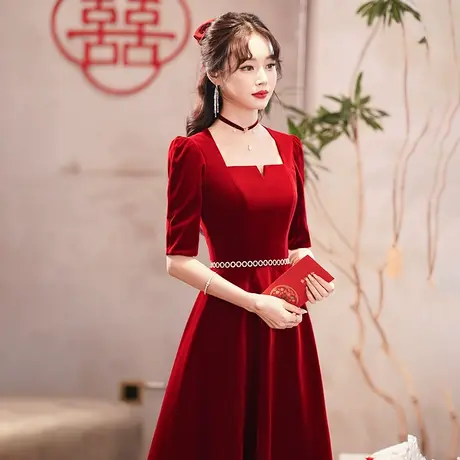 敬酒服新娘小个子高级感夏季结婚回门订婚礼服红色连衣裙简单大方图片