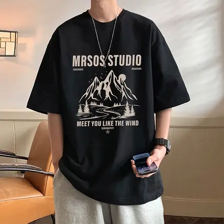 纯棉短袖t恤男夏季2023新款宽松打底衫男装美式潮流高级感体恤薄商品大图