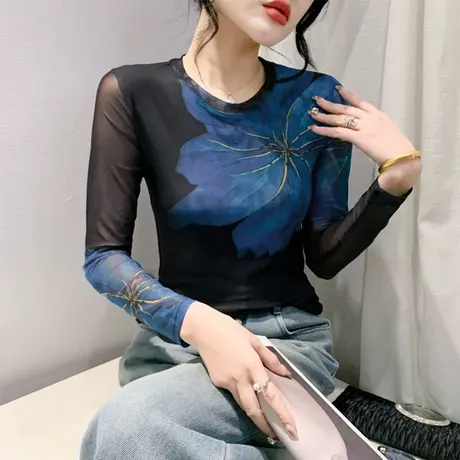 欧货复古圆领长袖打底衫春秋网纱印花洋气内塔上衣女修身百塔T恤图片