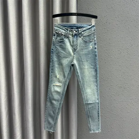 2024春季新款磨破紧身小脚牛仔裤女高腰修身显瘦百搭铅笔裤九分裤图片