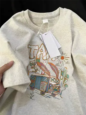 设计感小众独别致白灰色短袖T恤女夏季宽松ins慵懒风高街上衣情侣商品大图