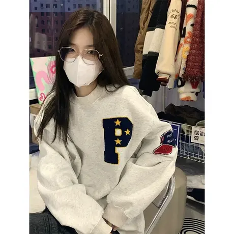 圆领卫衣女大码oversize秋冬加绒加厚慵懒设计感小众港风chic外套商品大图