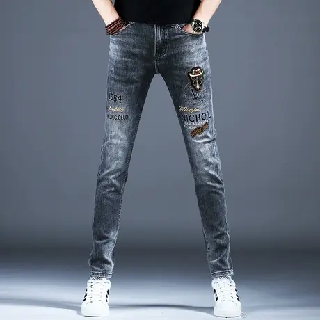 修身精致刺绣小脚牛仔裤男款灰色休闲潮牌2024新款美式高街裤子男图片