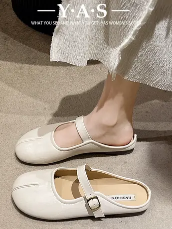 法式ins包头半拖鞋女夏外穿2024韩版圆头软皮平底温柔百搭奶奶鞋商品大图