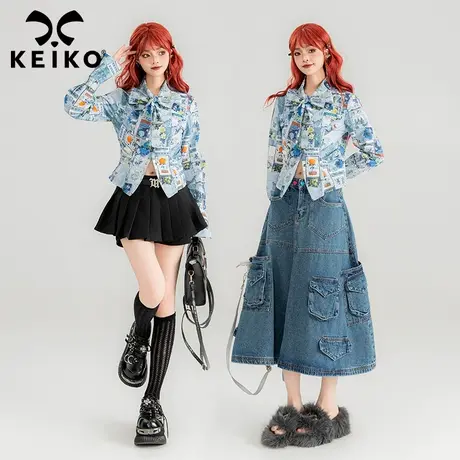 KEIKO 油画风满印花衬衫女2024春夏法式蝴蝶结系带小个子短款上衣商品大图