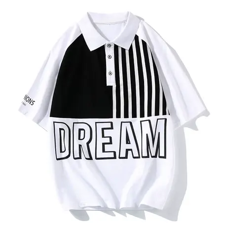 纯棉拼接撞色个性翻领Polo衫男装韩版潮流宽松潮牌短袖T恤上衣服商品大图