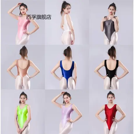 欧美大码油亮丝滑光泽丁字裆紧身连体衣透明性感诱惑情趣内衣7069商品大图