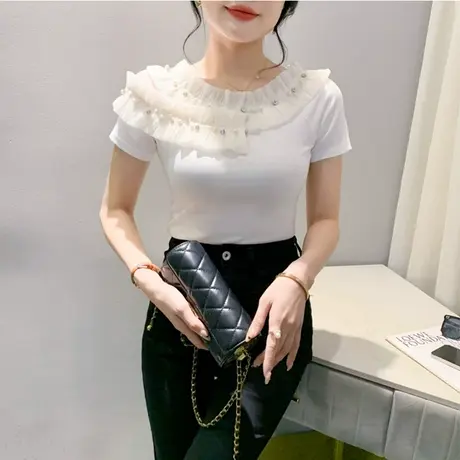 欧货女装木耳边T恤钉钻设计感小众镂空拼接短袖气质上衣修身小衫商品大图