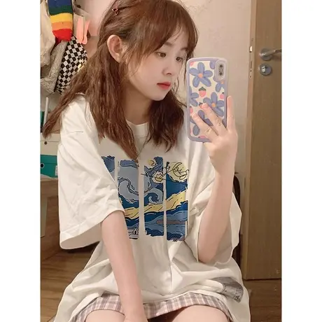 纯棉短袖t恤女夏季宽松韩系慵懒风半袖设计感小众chic港味上衣服商品大图