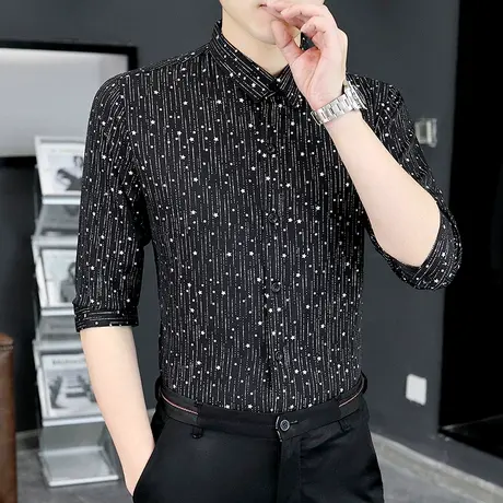夏季短袖薄款衬衫男士韩版潮流痞帅印花半袖修身衬衣ins烫金中袖商品大图