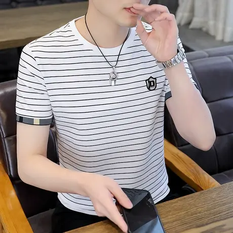 卡宾条纹短袖刺绣t恤男夏季痞帅半袖百搭新款大码棉半截袖体恤潮商品大图