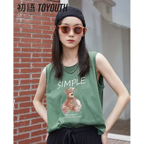 TOYOUTH初语2023夏装新款 原创撞色小熊字母印花宽松背心外穿背心商品大图