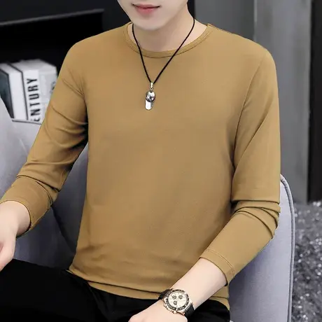 莫代尔长袖t恤男潮流修身纯色秋季小衫内搭上衣服圆领打底衫秋衣商品大图