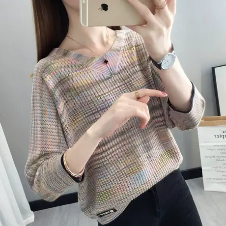 V领短款女针织衫2023春夏新款七分袖打底衫宽松蝙蝠衫上衣薄外穿商品大图