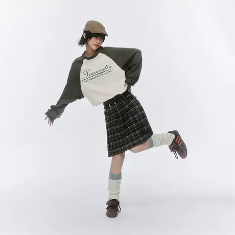 美式复古插肩袖圆领印花卫衣女春秋2023新款宽松小个子慵懒上衣潮商品大图