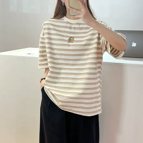 条纹正肩短袖t恤女2023新款夏季女装宽松打底衫减龄上衣洋气体恤图片