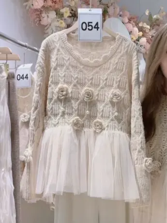 奶系设计感针织衫女2023秋装新款温柔软糯山茶花拼接网纱时尚上衣商品大图