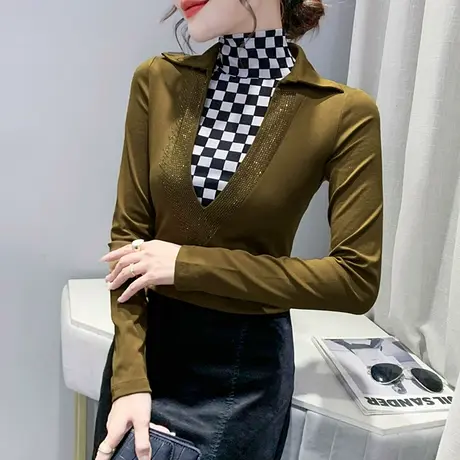 加绒打底衫女春秋格子拼接长袖T恤洋气百搭小衫设计感假两件上衣商品大图