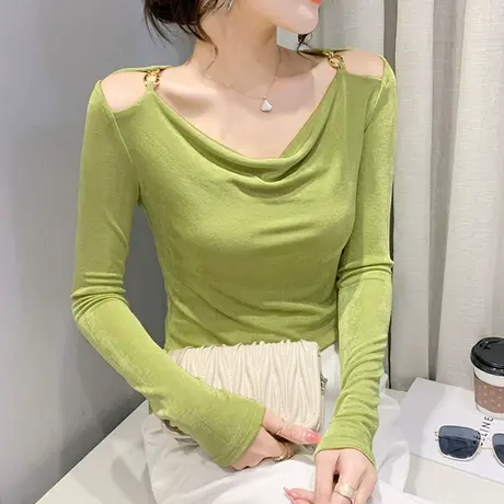 性感一字领打底衫女长袖2023春秋新款洋气露肩T恤欧货百搭上衣ins商品大图