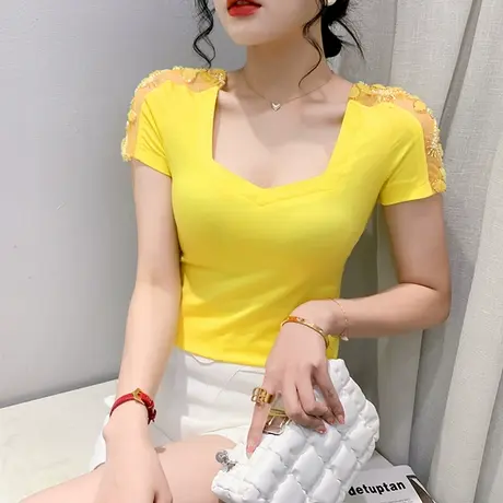 欧货方领T恤女短袖2023夏装新款网纱拼接小衫性感低胸紧身上衣潮商品大图