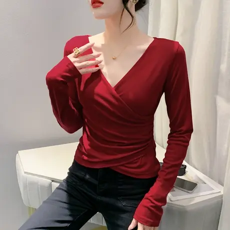 性感V领交叉打底衫女长袖秋装2023新款纯色百搭打底衫不规则上衣商品大图