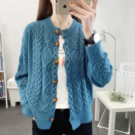 粗线麻花毛衣女士外穿2023年春秋针织开衫复古短款外套时尚短款女商品大图