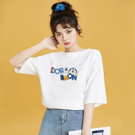 纯棉短袖宽松T恤女装夏季2023新款哆啦A梦中长款叮当猫上衣ins潮商品大图