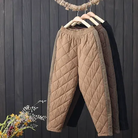 夹棉外穿棉裤冬季新品宽松女装长裤复古菱形格拼接加厚保暖哈伦裤图片