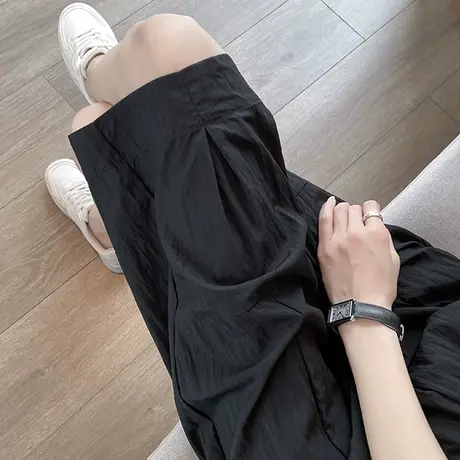 黑色七分休闲短裤宽松大码直筒百搭五分阔腿松紧腰哈伦六分中裤子图片