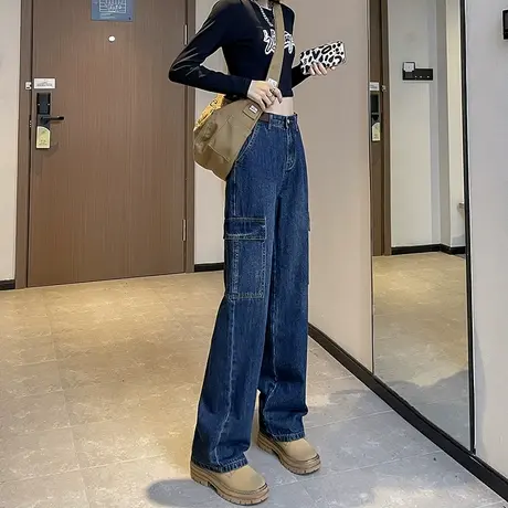 工装阔腿牛仔裤女2023年秋冬新款高腰直筒宽松显瘦ins百搭拖地裤图片