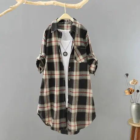 秋装2023新品简约中长款格子长袖女衬衫宽松外搭开衫薄外套上衣女图片