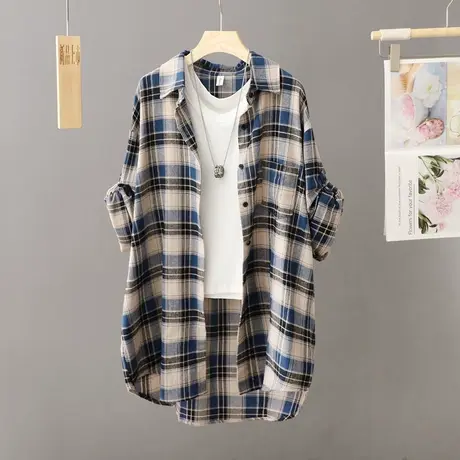 休闲格子衬衫外套女春秋2023新款中长款宽松休闲衬衣外搭上衣开衫商品大图