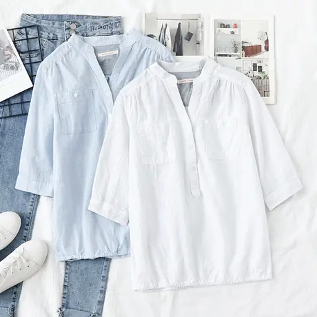 2021春夏新款女装韩版棉麻七分袖衬衫女百搭宽松学生中袖立领上衣图片