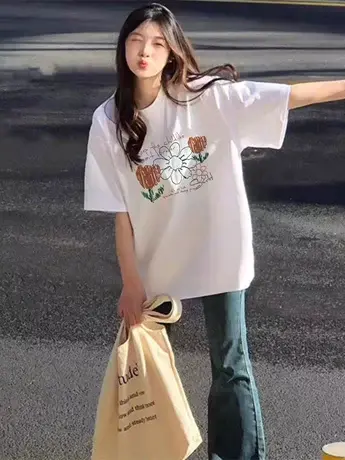 白色防棉短袖t恤女2023新款夏季小众设计感港风chic潮牌女装上衣商品大图