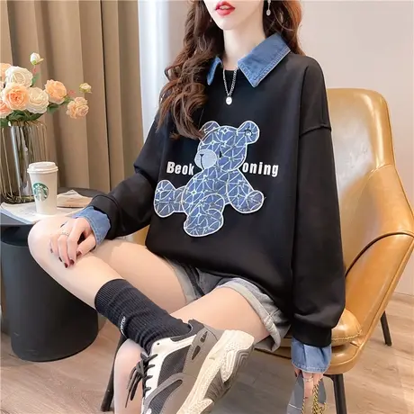 娃娃领卫衣女春秋季韩版宽松薄款早春牛仔衬衫领假两件上衣外套潮商品大图