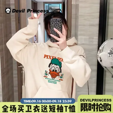 ulzzang小众超火杏色卫衣女高街卡通潮牌学院风春秋薄款帽衫上衣图片